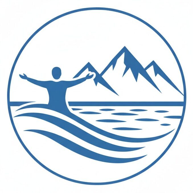 Okrągłe niebieskie logo przedstawiające sylwetkę człowieka z rozłożonymi rękami w wodzie na tle fal i gór.