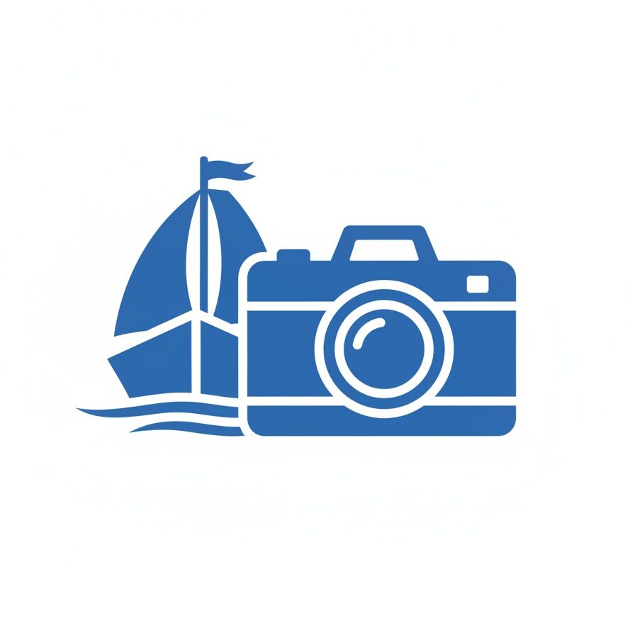 Niebieska ikona przedstawiająca żaglówkę na falach i aparat fotograficzny.